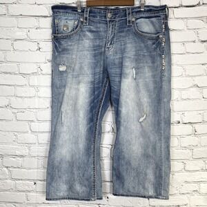 Rock Revival Penn Jeans Men's 42x25 Relaxed‎ Straight Distressed Thick Stitching